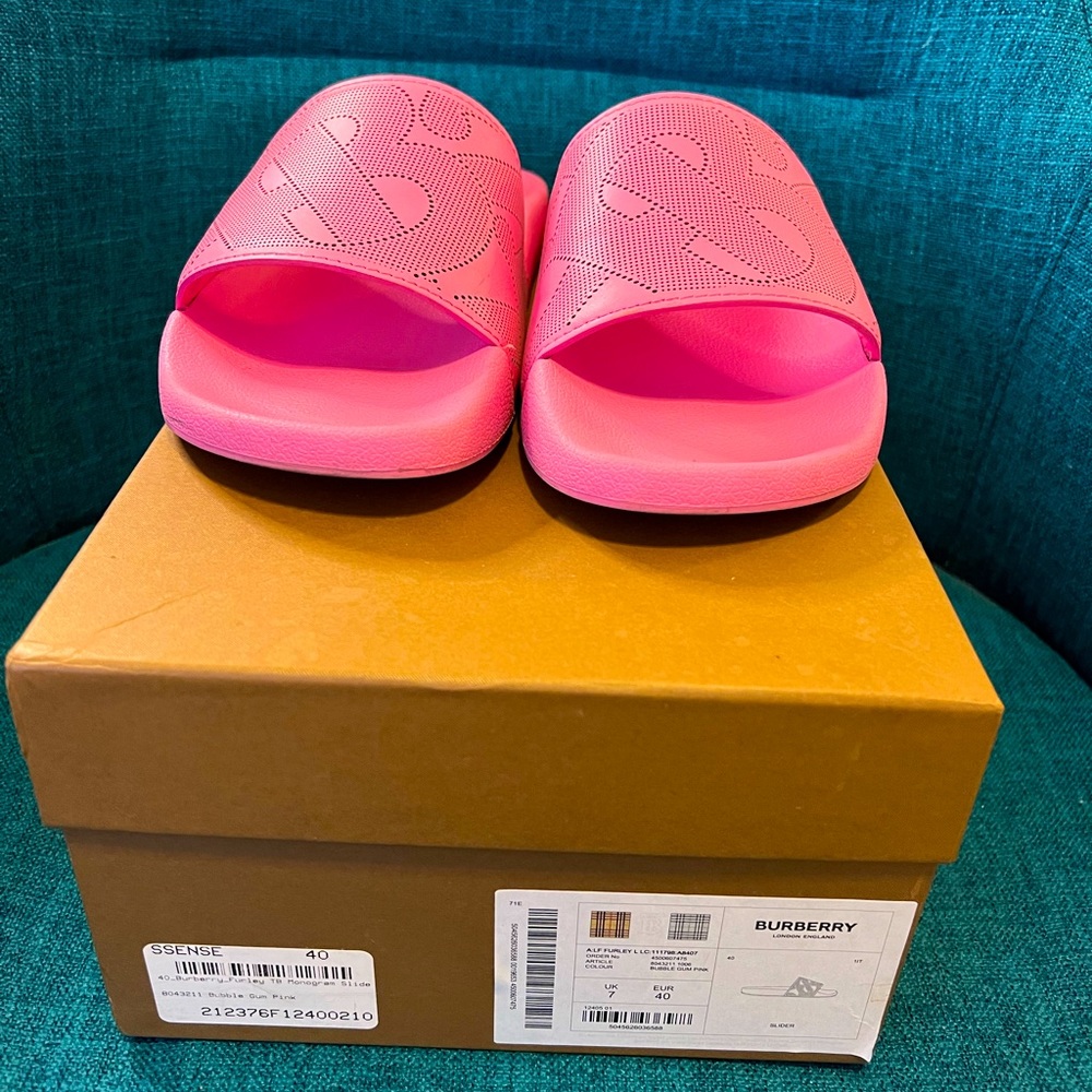 Pink Burberry Monogram Furley Slides.